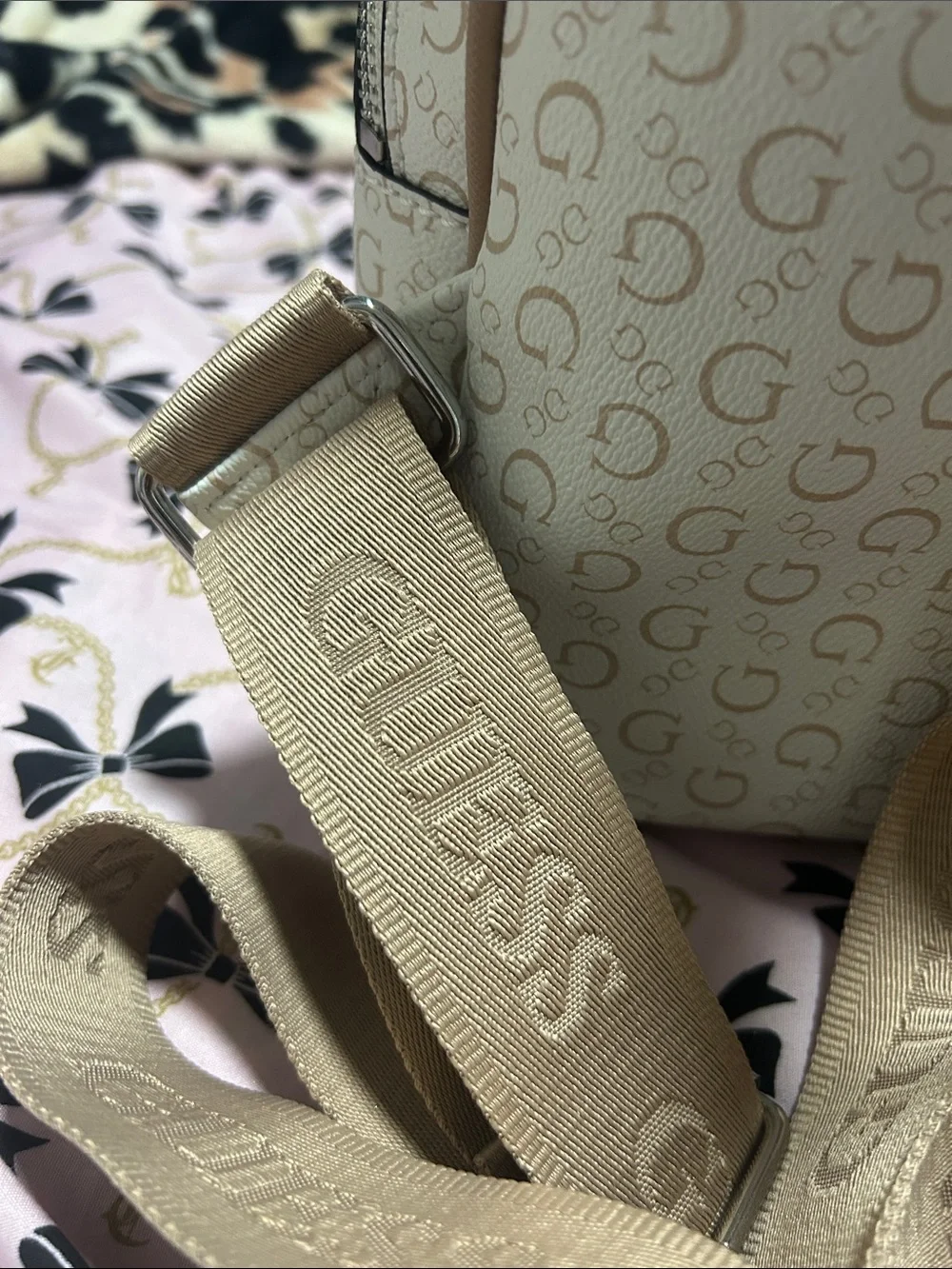 GUESS Cream and Tan Logo Mini Backpack